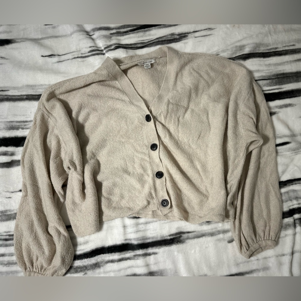 American Eagle Outfitters Cropped Beige Button-Up Cardigan